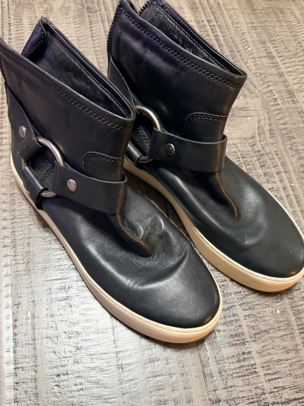 Frye Lena Harness Black Leather Ankle Boots with Cream Sole